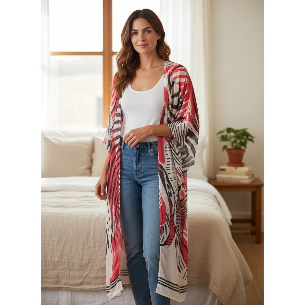Women's Maxi Length Sheer Kimono Red White and Black Duster One Size 53" Long